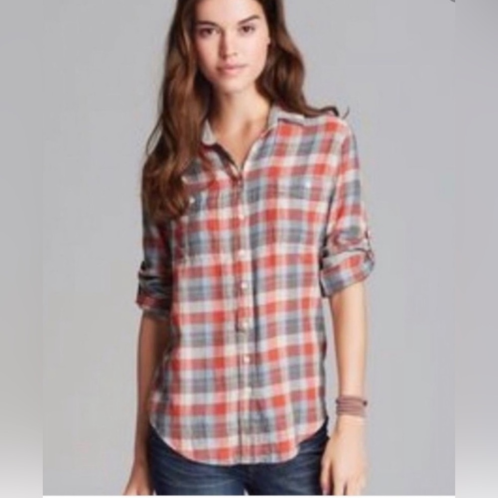 New JACHS GIRLFRIEND Pearl Snap Wester Plaid Flannel Shirt Orange Gray Red Blue